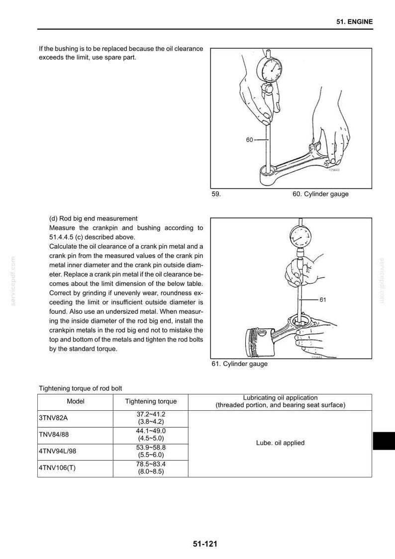 May include: Diagram of engine components with a cylinder gauge measuring a rod big end. The image includes a table with tightening torque specifications for rod bolts, and instructions for oil clearance measurement.