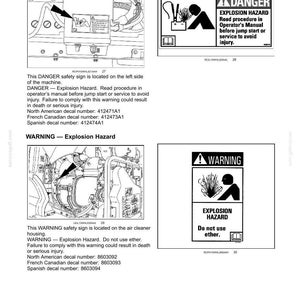 May include: Image of safety information with "DANGER - Explosion Hazard" and "WARNING - Explosion Hazard" signs. The signs include illustrations and warnings about potential injury. The image also includes decal numbers.