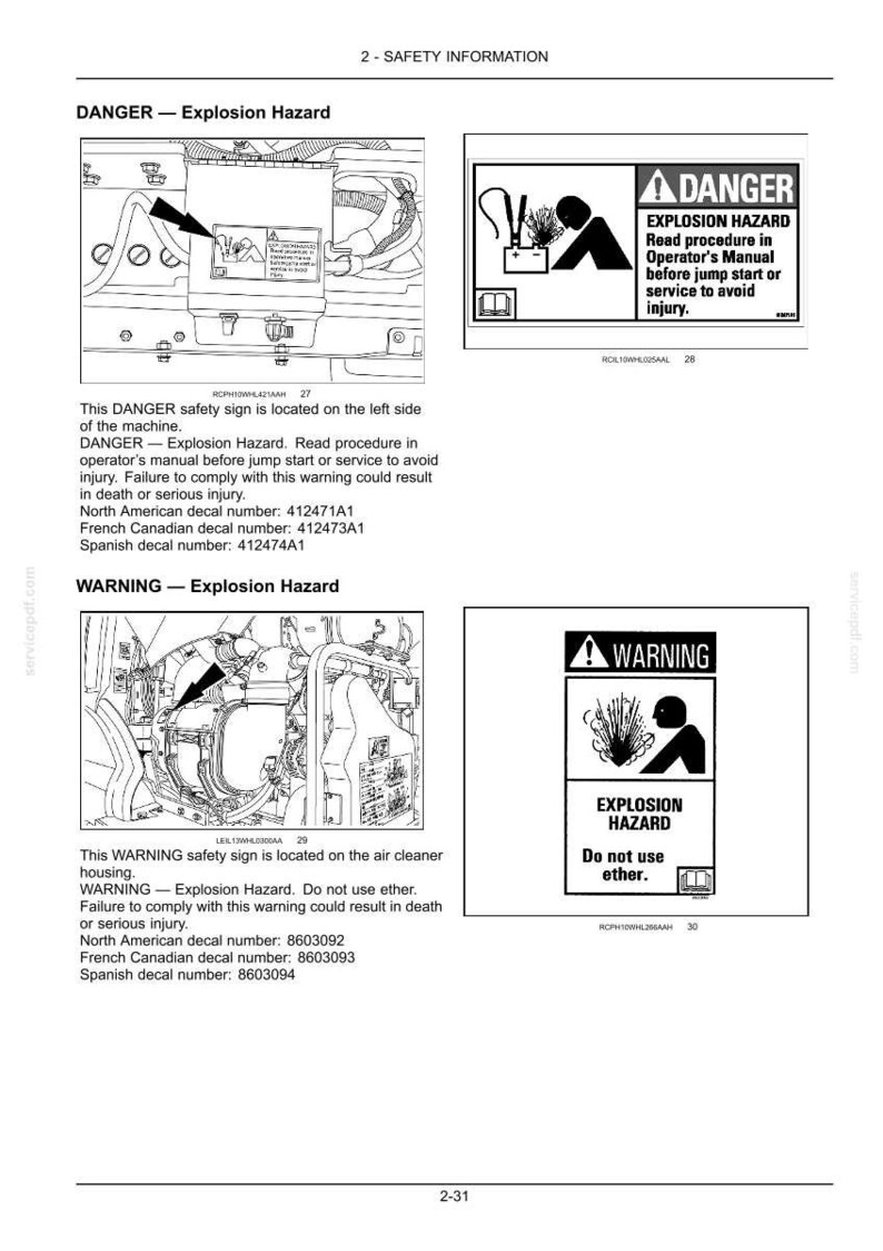 May include: Image of safety information with "DANGER - Explosion Hazard" and "WARNING - Explosion Hazard" signs. The signs include illustrations and warnings about potential injury. The image also includes decal numbers.