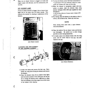 May include: A technical manual page titled Air Cleaner Check and Cleaning, Replacement of Element. It features diagrams of an air cleaner assembly, an air cleaner lamp, and an air cleaner element, accompanied by numbered maintenance instructions.
