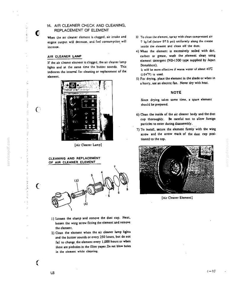 May include: A technical manual page titled Air Cleaner Check and Cleaning, Replacement of Element. It features diagrams of an air cleaner assembly, an air cleaner lamp, and an air cleaner element, accompanied by numbered maintenance instructions.