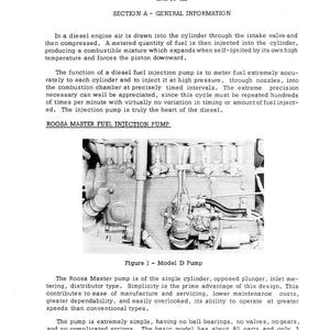 May include: A black and white diagram of a Model D fuel injection pump, with detailed mechanical components visible. Text includes "FUEL SYSTEM," "ROOSA MASTER FUEL INJECTION PUMP," and technical descriptions of the pump's function and design.
