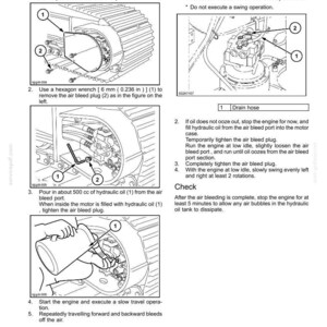 May include: Diagram illustrating an air bleed procedure for a travel motor and swing motor. Instructions include removing bolts, using a hexagon wrench, and adding hydraulic oil. Text includes tightening torque and measurements in inches.