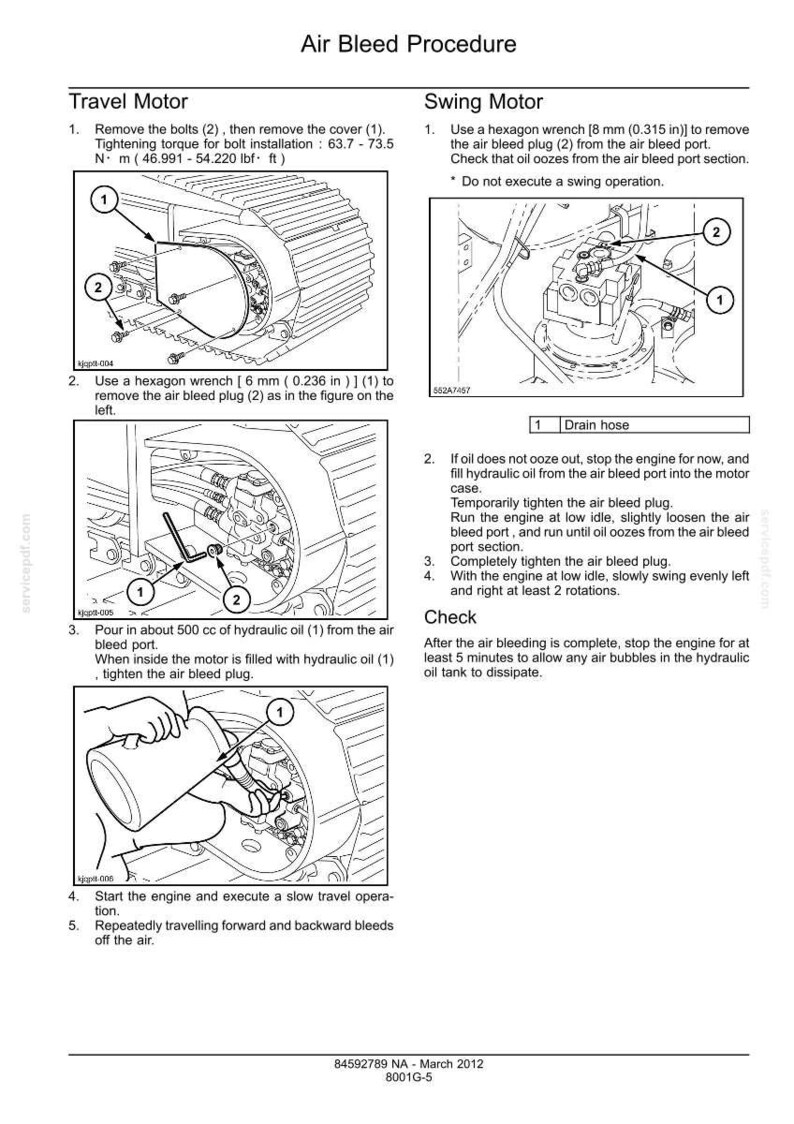 May include: Diagram illustrating an air bleed procedure for a travel motor and swing motor. Instructions include removing bolts, using a hexagon wrench, and adding hydraulic oil. Text includes tightening torque and measurements in inches.