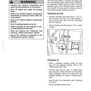 May include: A page from an operator's manual, featuring safety instructions and diagrams for axles. The text includes warnings and procedures for checking and changing oil in a front axle, with diagrams labeled Fig. 1.