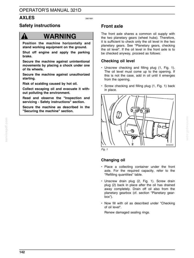 May include: A page from an operator's manual, featuring safety instructions and diagrams for axles. The text includes warnings and procedures for checking and changing oil in a front axle, with diagrams labeled Fig. 1.