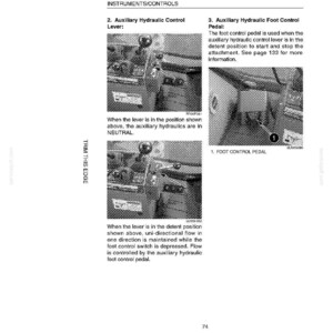 K&ouml;nnte beinhalten: Eine Schwarz-Wei&szlig;-Diagramm von Maschinensteuerungen, einschlie&szlig;lich eines hydraulischen Zusatzsteuerhebels und eines Fu&szlig;pedals. Text beschreibt die Funktion jeder Komponente und ihre Interaktion. Die Seitenzahl 74 ist sichtbar.