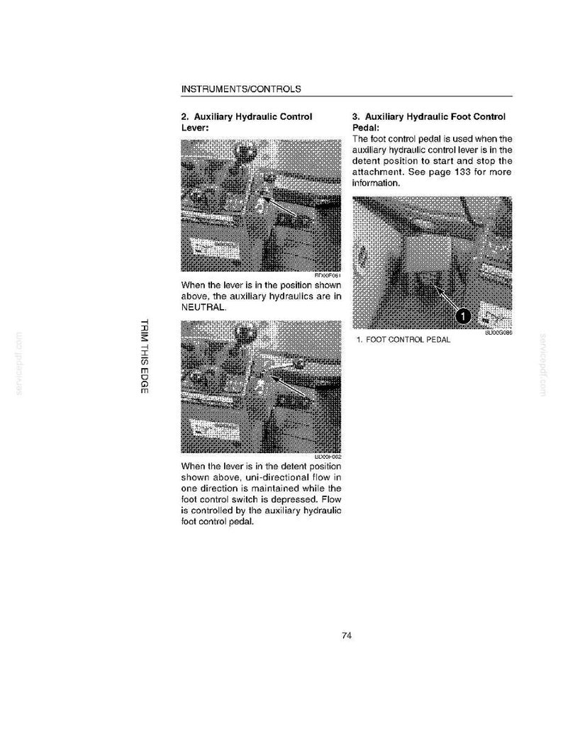 K&ouml;nnte beinhalten: Eine Schwarz-Wei&szlig;-Diagramm von Maschinensteuerungen, einschlie&szlig;lich eines hydraulischen Zusatzsteuerhebels und eines Fu&szlig;pedals. Text beschreibt die Funktion jeder Komponente und ihre Interaktion. Die Seitenzahl 74 ist sichtbar.