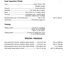May include: A black and white specification sheet for a fuel injection pump. The sheet includes details on the pump's type, rotation, mounting, drive, governor, and lubrication. Special torque specifications are also listed in foot-pounds and inch-pounds.