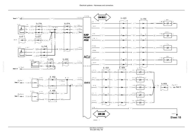 May include: Diagram of an electrical system with harnesses and connectors. The diagram includes labels such as "CAN BUS 1", "SUSP FRONT AXLE", and "EHRS". The image is in black and white.