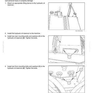 May include: Diagram illustrating the installation of a hydraulic oil reservoir. The image shows the steps for attaching the reservoir, installing bolts and washers, and removing the lifting device. The reservoir weighs approximately 280 lb.
