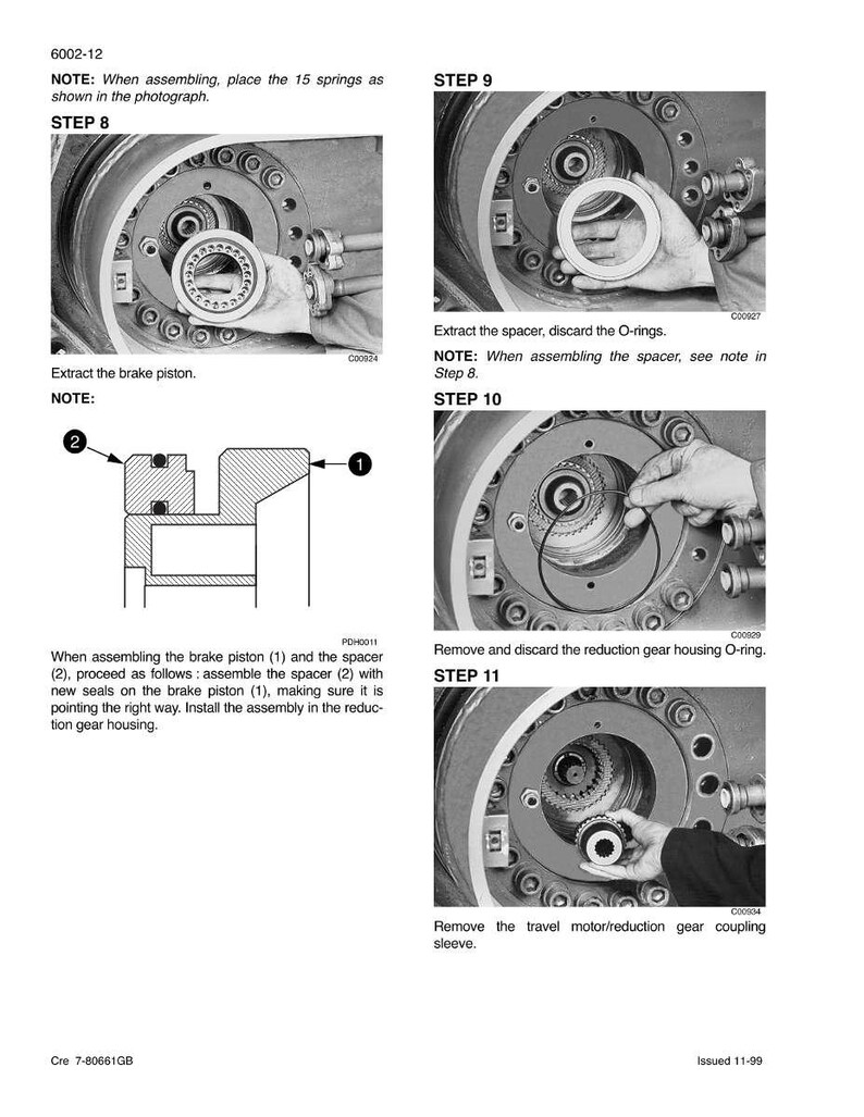 K&ouml;nnte beinhalten: Schwarz-Wei&szlig;-Bild mit detaillierten Schritten zur mechanischen Montage. Das Bild enth&auml;lt Nahaufnahmen von Komponenten, Diagrammen und Textanweisungen. Zu den Schritten geh&ouml;ren das Extrahieren und Zusammenbauen von Teilen mit Hinweisen zur Federplatzierung und Dichtungsinstallation.