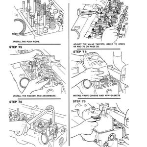 May include: Black and white diagram illustrating engine assembly steps. Includes instructions for installing push rods, rocker arm assemblies, valve covers, and gaskets. Text indicates torque specifications in foot-pounds and inch-pounds.