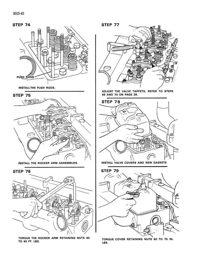 May include: Black and white diagram illustrating engine assembly steps. Includes instructions for installing push rods, rocker arm assemblies, valve covers, and gaskets. Text indicates torque specifications in foot-pounds and inch-pounds.