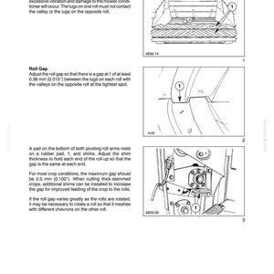 May include: A technical manual page titled SECTION 58 - ATTACHMENTS / HEADERS - CHAPTER 4, featuring three black and white line drawings of mower-conditioner rolls, roll gaps, and pivoting roll arms with numbered labels 1 for maintenance guidance.