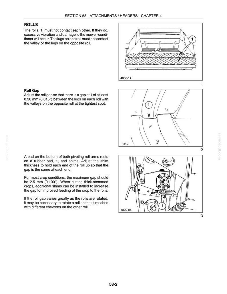 May include: A technical manual page titled SECTION 58 - ATTACHMENTS / HEADERS - CHAPTER 4, featuring three black and white line drawings of mower-conditioner rolls, roll gaps, and pivoting roll arms with numbered labels 1 for maintenance guidance.