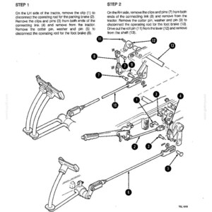 May include: A black and white diagram illustrating the brake control linkage system, with instructions for removal and installation. The image shows numbered components like clips, pins, and rods, accompanied by text. Measurements are not included.