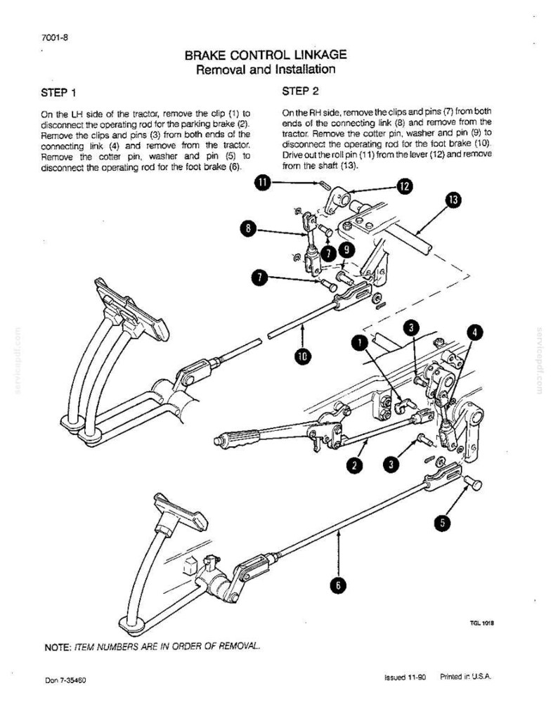 May include: A black and white diagram illustrating the brake control linkage system, with instructions for removal and installation. The image shows numbered components like clips, pins, and rods, accompanied by text. Measurements are not included.