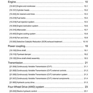 May include: A page from a manual titled "Contents" with a list of engine and transmission components. The text includes sections on engine, power coupling, transmission, and four-wheel drive systems.
