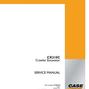 May include: A service manual for the CX210C Crawler Excavator. The cover is white with orange accents and text. The text includes "SERVICE MANUAL", the part number, and the Case Construction logo.