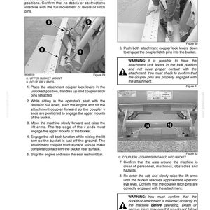 May include: A page from an operating manual with diagrams and instructions for installing a bucket on a machine. The manual includes numbered steps, diagrams, and safety warnings. The diagrams show the bucket mount and coupler ends.