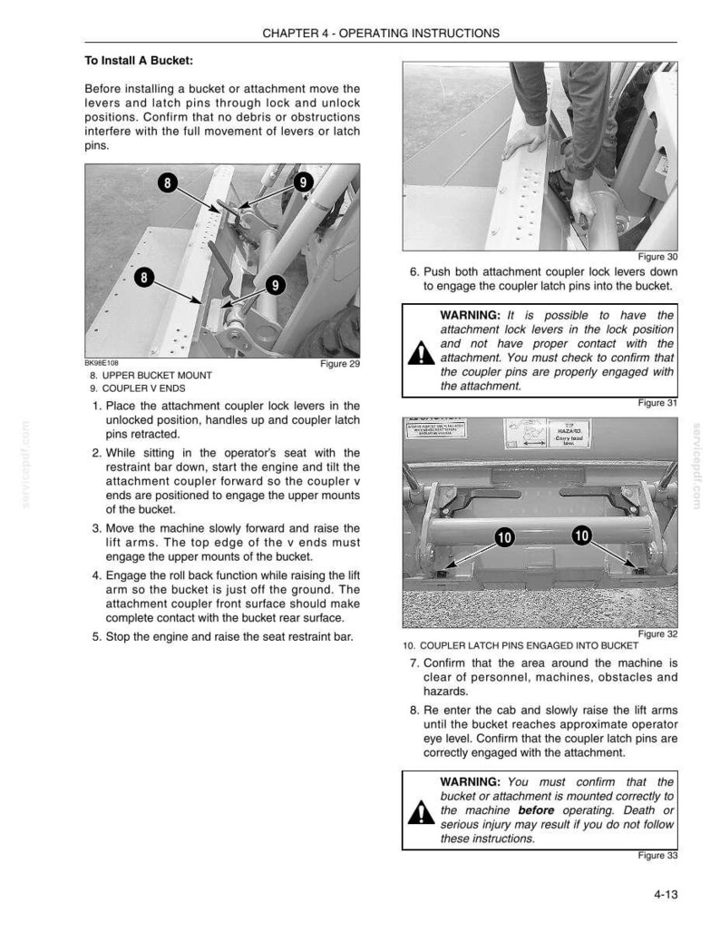 May include: A page from an operating manual with diagrams and instructions for installing a bucket on a machine. The manual includes numbered steps, diagrams, and safety warnings. The diagrams show the bucket mount and coupler ends.