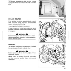 May include: Diagram of a heavy machinery cabin interior with text detailing the location of a fire extinguisher, escape routes, and mirror adjustments. Includes warnings about safety procedures and potential injuries.