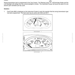 May include: Diagram of an instrument cluster with gauges and indicators, displaying fault code 4850. The text explains the cause and solution for a wrong transmission type in the software.