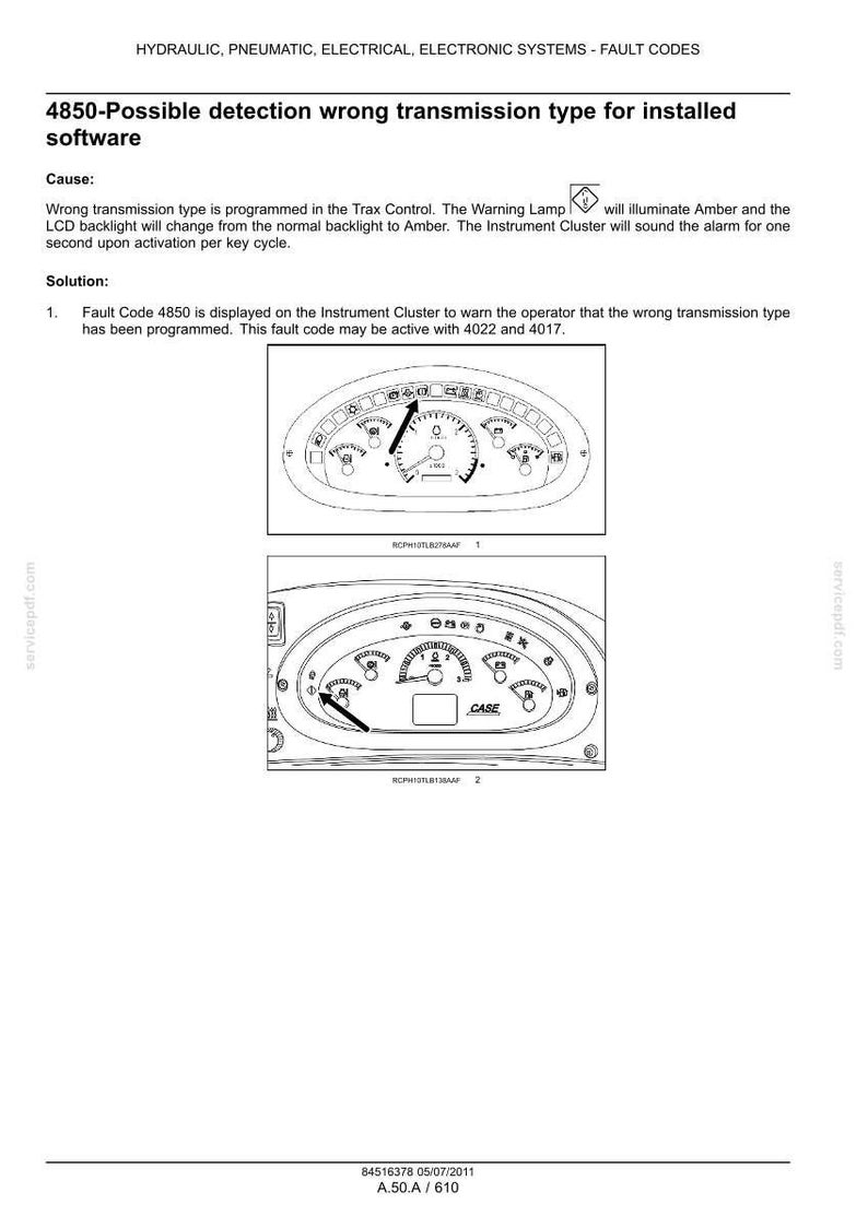 May include: Diagram of an instrument cluster with gauges and indicators, displaying fault code 4850. The text explains the cause and solution for a wrong transmission type in the software.