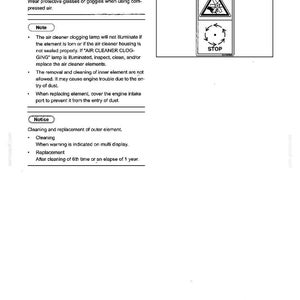 May include: A technical manual page titled 4. MAINTENANCE H. CHECKING/CLEANING/REPLACING AIR CLEANER ELEMENT. It includes a caution to wear protective glasses, notes on the air cleaner clogging lamp, and instructions for cleaning and replacing the element.