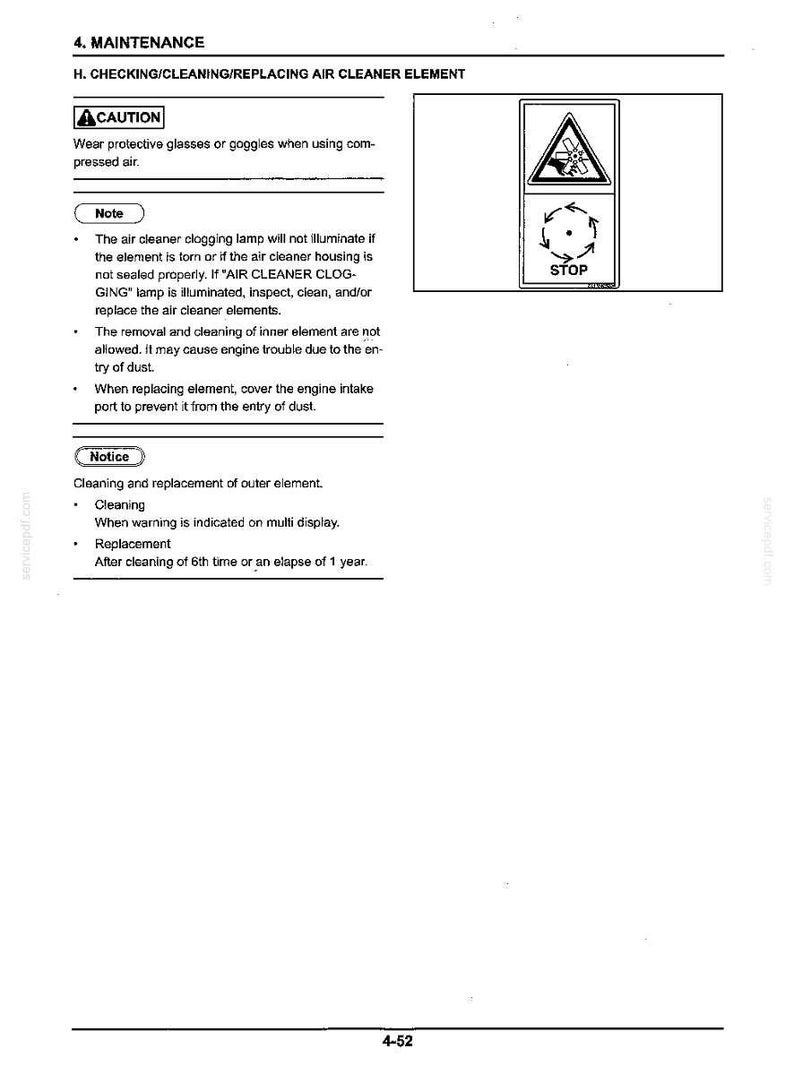 May include: A technical manual page titled 4. MAINTENANCE H. CHECKING/CLEANING/REPLACING AIR CLEANER ELEMENT. It includes a caution to wear protective glasses, notes on the air cleaner clogging lamp, and instructions for cleaning and replacing the element.