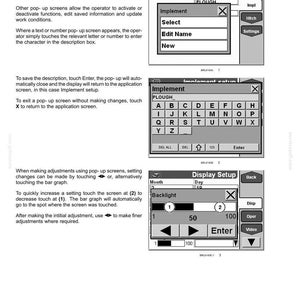May include: A technical manual page titled 3-CONTROLS/INSTRUMENTS showing three black and white diagrams of pop-up screens on a color display. The screens feature menus for Implement setup, a keyboard interface for text entry, and a Display Setup menu.
