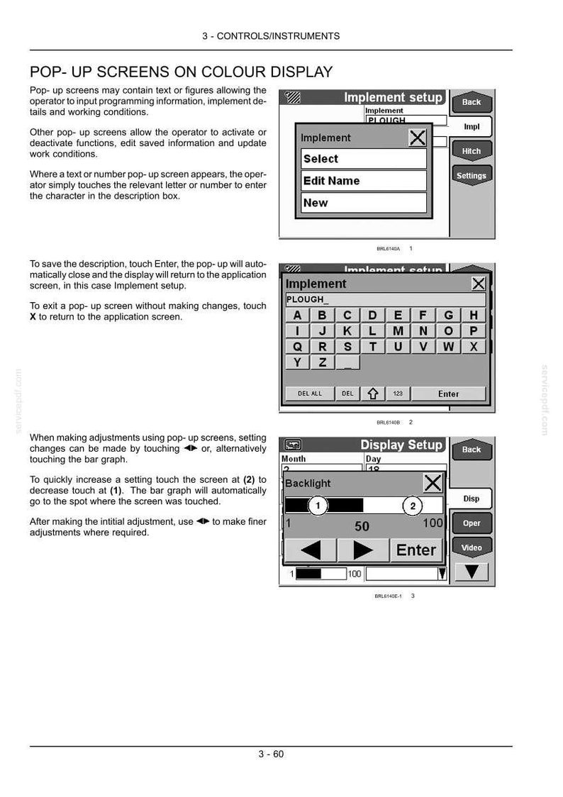 May include: A technical manual page titled 3-CONTROLS/INSTRUMENTS showing three black and white diagrams of pop-up screens on a color display. The screens feature menus for Implement setup, a keyboard interface for text entry, and a Display Setup menu.