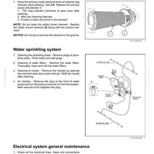 May include: Diagram of an air filter and water sprinkling system with labels and instructions. The air filter shows a cylindrical element with numbered components. The water system includes a pump, filter, and tubes.