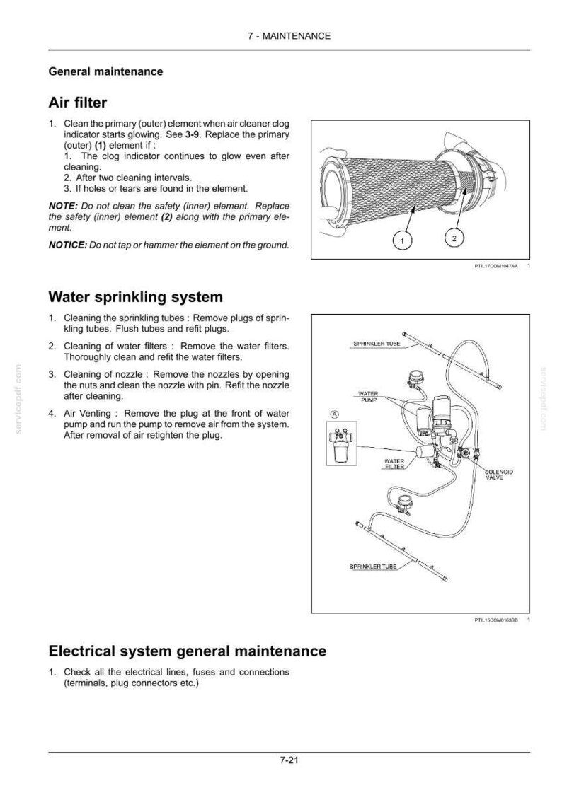 May include: Diagram of an air filter and water sprinkling system with labels and instructions. The air filter shows a cylindrical element with numbered components. The water system includes a pump, filter, and tubes.