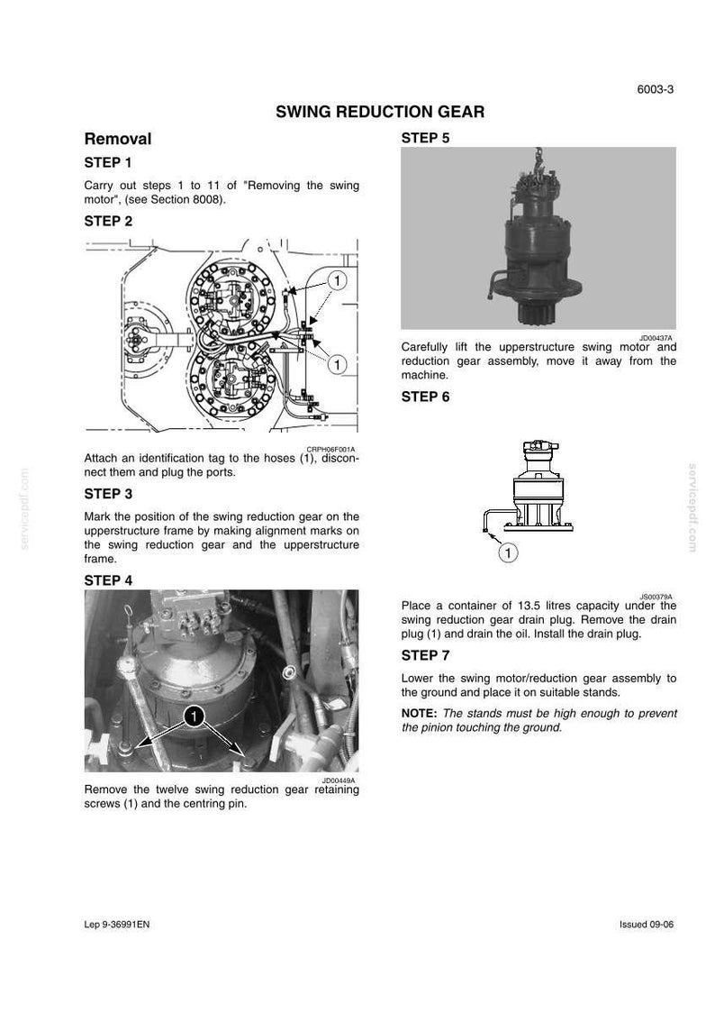 May include: A technical document page titled SWING REDUCTION GEAR, detailing removal steps 1 through 7. It includes black and white diagrams and photographs of a mechanical swing motor assembly, with numbered labels and instructions for maintenance.