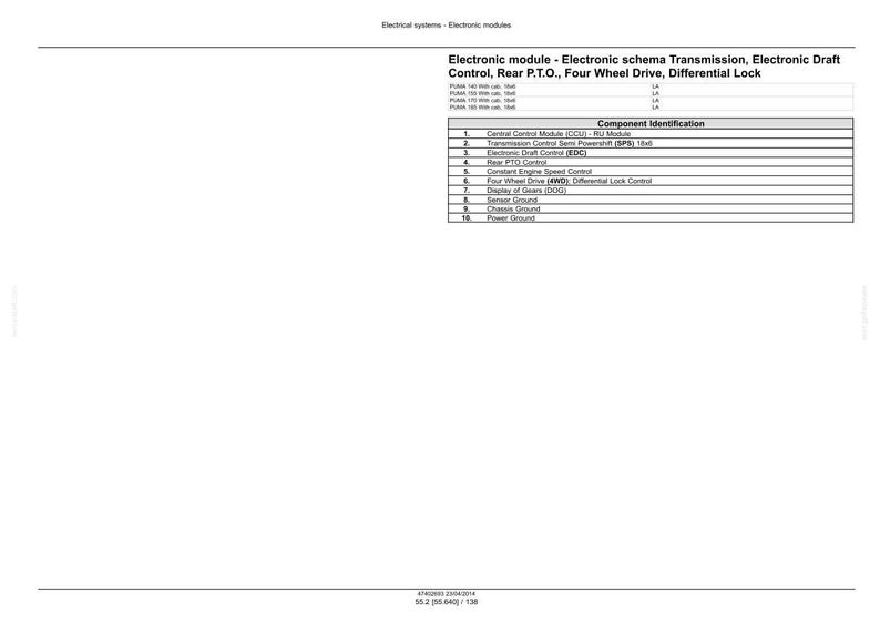 May include: Diagram of an electronic module with a schematic for transmission, electronic draft control, rear PTO, four-wheel drive, and differential lock. The diagram includes a component identification table.
