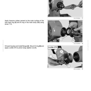 Peut inclure: Diagramme d'un syst&egrave;me d'essieu avant avec un ensemble de pignons coniques avant et un diff&eacute;rentiel. L'image montre le processus d'assemblage, y compris l'application de ciment caoutchouc, l'installation d'une bride et le serrage d'un &eacute;crou.