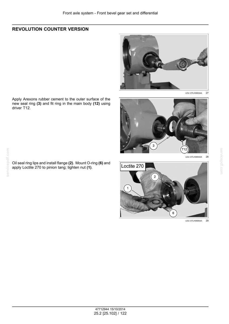 Peut inclure: Diagramme d'un syst&egrave;me d'essieu avant avec un ensemble de pignons coniques avant et un diff&eacute;rentiel. L'image montre le processus d'assemblage, y compris l'application de ciment caoutchouc, l'installation d'une bride et le serrage d'un &eacute;crou.