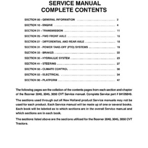 May include: A printed service manual for Boomer 3040, 3045, and 3050 CVT tractors. The table of contents includes sections on the engine, transmission, brakes, and hydraulic systems. The manual is from 2009.