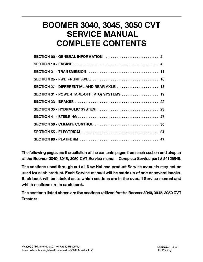 May include: A printed service manual for Boomer 3040, 3045, and 3050 CVT tractors. The table of contents includes sections on the engine, transmission, brakes, and hydraulic systems. The manual is from 2009.