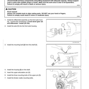 May include: Diagram of a powered front axle assembly with numbered parts and instructions. Includes warnings about heavy objects and pinch hazards. The image shows step-by-step assembly instructions with illustrations.
