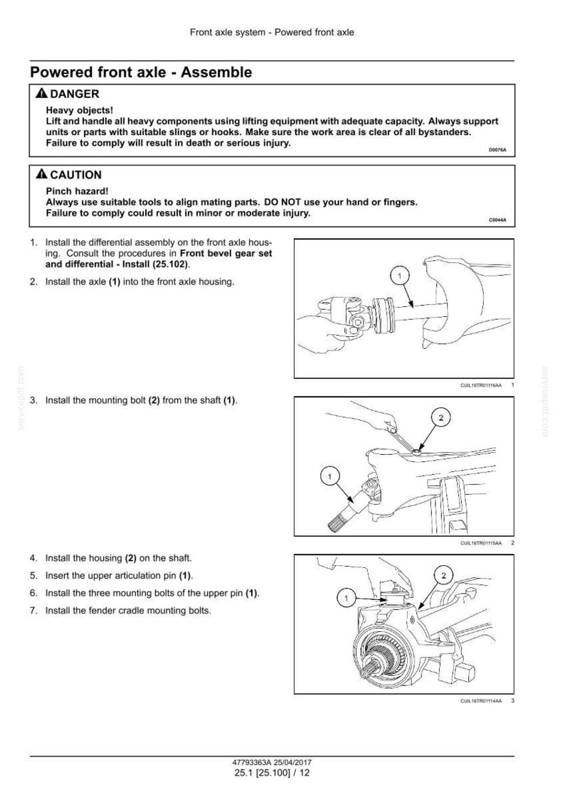 May include: Diagram of a powered front axle assembly with numbered parts and instructions. Includes warnings about heavy objects and pinch hazards. The image shows step-by-step assembly instructions with illustrations.