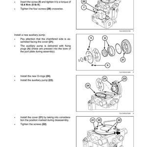 May include: Diagram of a hydraulic system's combination pump units, detailing assembly steps. Includes illustrations of pump components, screws, O-rings, and covers. Text instructions guide the assembly process, with torque specifications.