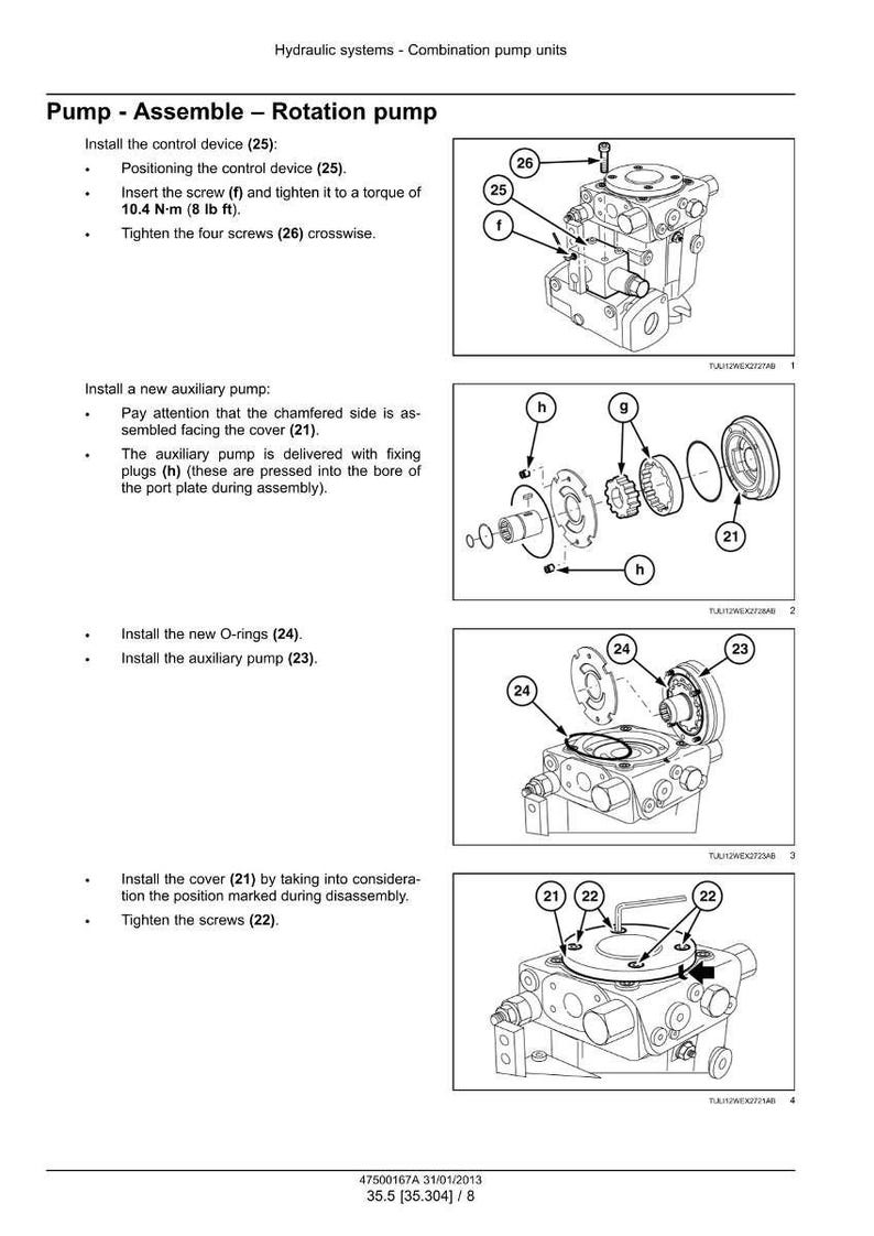 May include: Diagram of a hydraulic system's combination pump units, detailing assembly steps. Includes illustrations of pump components, screws, O-rings, and covers. Text instructions guide the assembly process, with torque specifications.