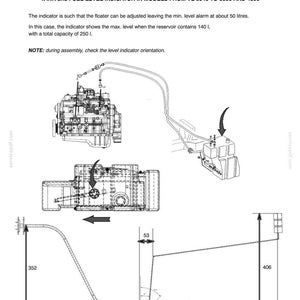 May include: Diagram of a tank and fuel level indicator for VL models, with measurements in millimeters. The diagram includes engine components, a fuel tank, and arrows indicating flow and orientation. Text includes "TANK and FUEL LEVEL INDICATOR" and "NOTE: during assembly."