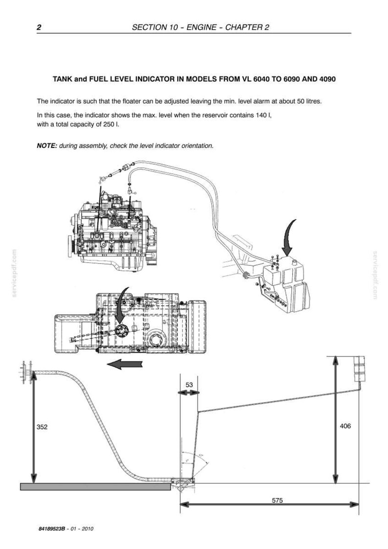 May include: Diagram of a tank and fuel level indicator for VL models, with measurements in millimeters. The diagram includes engine components, a fuel tank, and arrows indicating flow and orientation. Text includes "TANK and FUEL LEVEL INDICATOR" and "NOTE: during assembly."