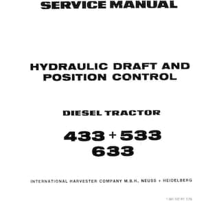 Puede incluir: Una portada de manual de servicio blanca con texto negro. El t&iacute;tulo dice "SERVICE MANUAL" en la parte superior. Debajo, dice "HYDRAULIC DRAFT AND POSITION CONTROL" y "DIESEL TRACTOR". Tambi&eacute;n son visibles los n&uacute;meros "433 + 533 633".