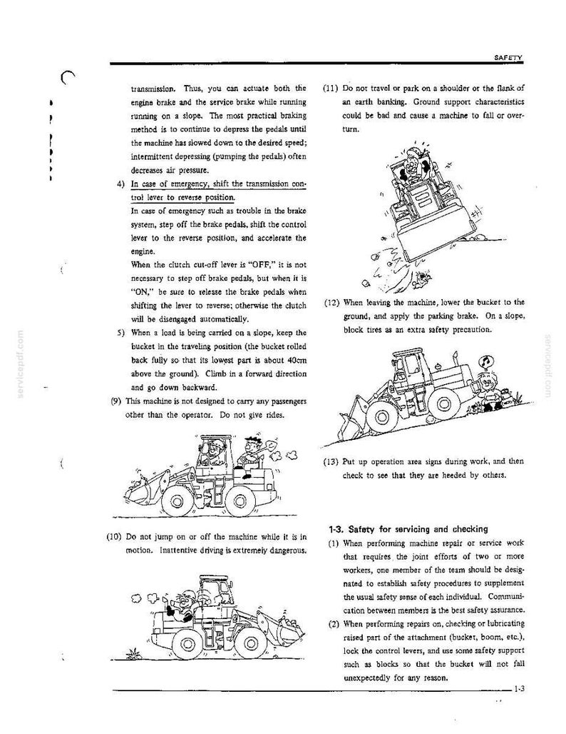 K&ouml;nnte beinhalten: Eine schwarz-wei&szlig;e Seite aus einem technischen Handbuch mit Sicherheitshinweisen f&uuml;r Baumaschinen. Das Dokument enth&auml;lt nummerierte Textabschnitte und Strichzeichnungen von Baustellenfahrzeugen mit Bedienern, die die Sicherheitsprotokolle erl&auml;utern.