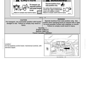 May include: Safety information diagram with caution and warning symbols. Text advises on backhoe operation, including transport and seat position. Includes part numbers and a diagram of the backhoe controls.